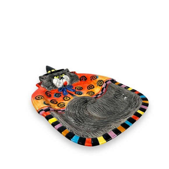 Fitz & Floyd Ceramic Canape Tray Kitty Witches Curly Qs Cat Plate Halloween New - Picture 11 of 14